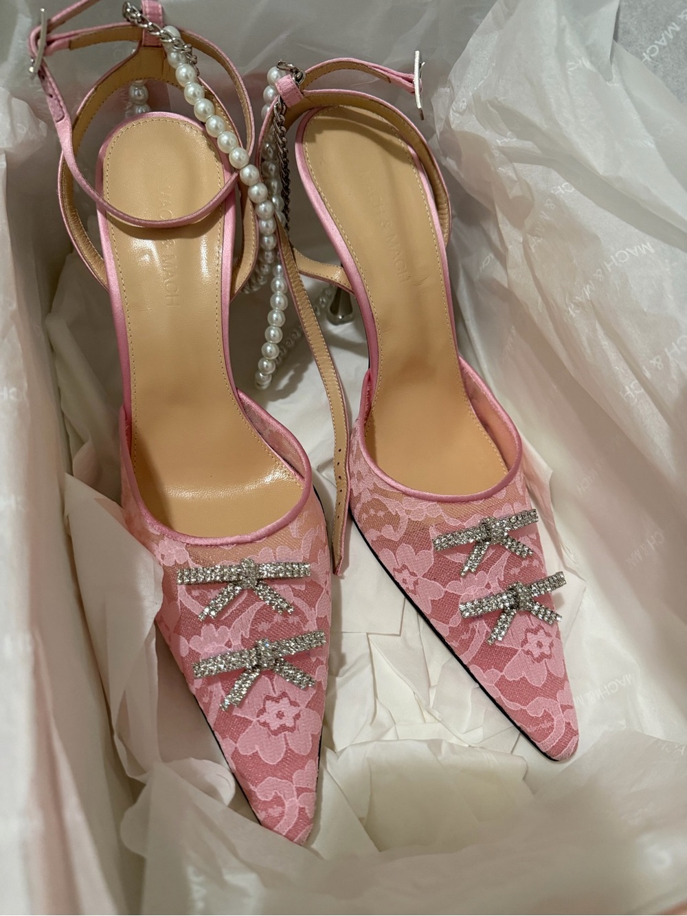 MACH & MACH Pink Lace Pointed Slingback Heels with Crystal Bows and Pearl Strap